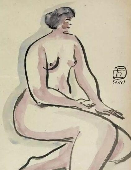坐姿裸女 1920-1930s，水墨水彩