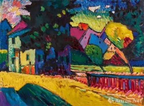 瓦西里·康丁斯基《穆尔瑙─风景与绿屋》 1909年作 油彩画板 70 x 96cm 估价：1,500万至2,500万英镑
