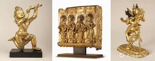 那迦龙王 14世纪； 四供养天女雕刻饰板 14-15世纪； 双身四臂上乐金刚14世纪