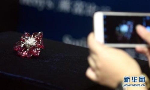 　　9月12日，参观者拍摄红色碧玺配钻石别针。当日，香港苏富比珠宝首饰秋拍举行传媒预展。本季拍卖共计推出超过250件拍品，总估值约合5.4亿人民币。 新华社记者 秦晴