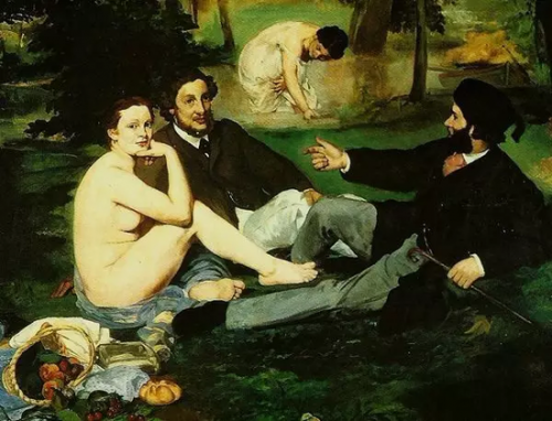 马奈《草地上的午餐》（局部），这幅作品展出时也受到了主流艺术界的强烈抨击。