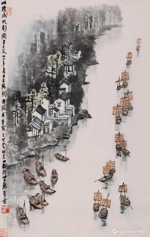 李可染 清漓帆影图 镜心 设色纸本 69×44 cm。。