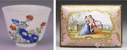 左：清康熙 五彩十二月花卉纹杯 北京故宫博物院藏 右：欧洲瓷胎画珐琅盒 台北故宫博物院藏