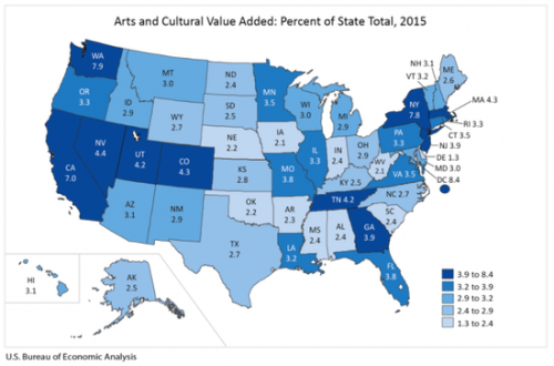 以上地图显示了艺术和文化在各州总体经济中所占的比例。图片：美国经济分析部