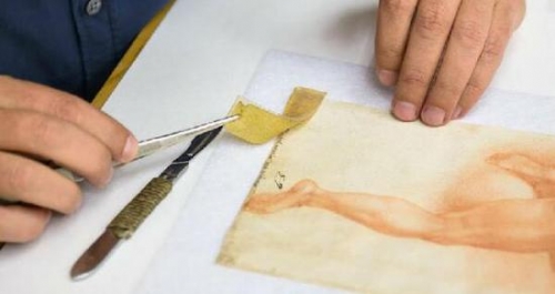 佛罗伦萨大学的一位科学家用一种新技术去除一副疑似米开朗基罗绘画（16世纪）中的一块胶带。 图片：Courtesy of the Proceedings of the National Academy of Sciences