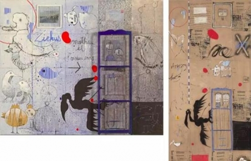 左：比利时艺术家西尔万的作品，1989  右：叶永青的作品