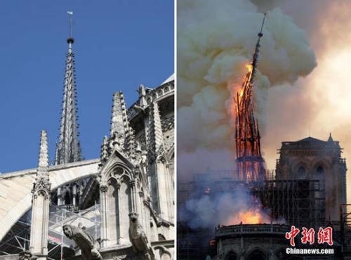 法国巴黎圣母院发生大火，标志性的尖塔在大火中被烧毁。